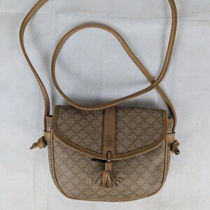 Vintage Celine Macadam Triomphe Beige canvas Leather Crossbody shoulder bag .